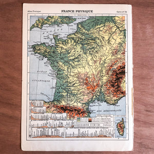Ancienne carte physique de France - 1929