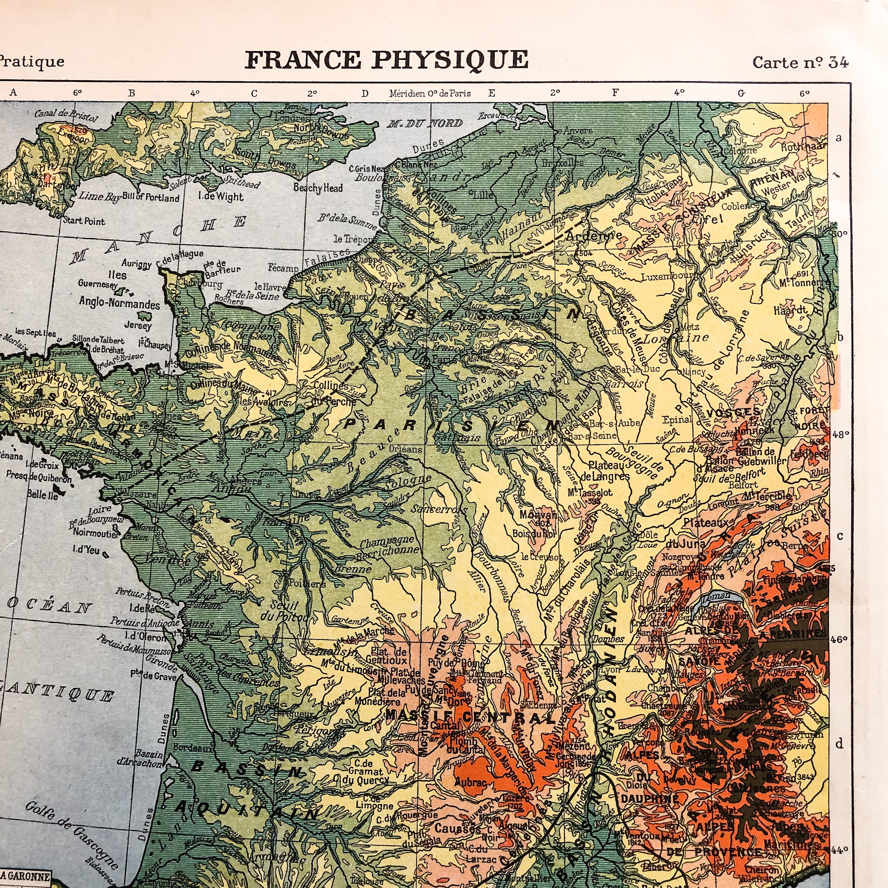 Ancienne carte physique de France - 1929