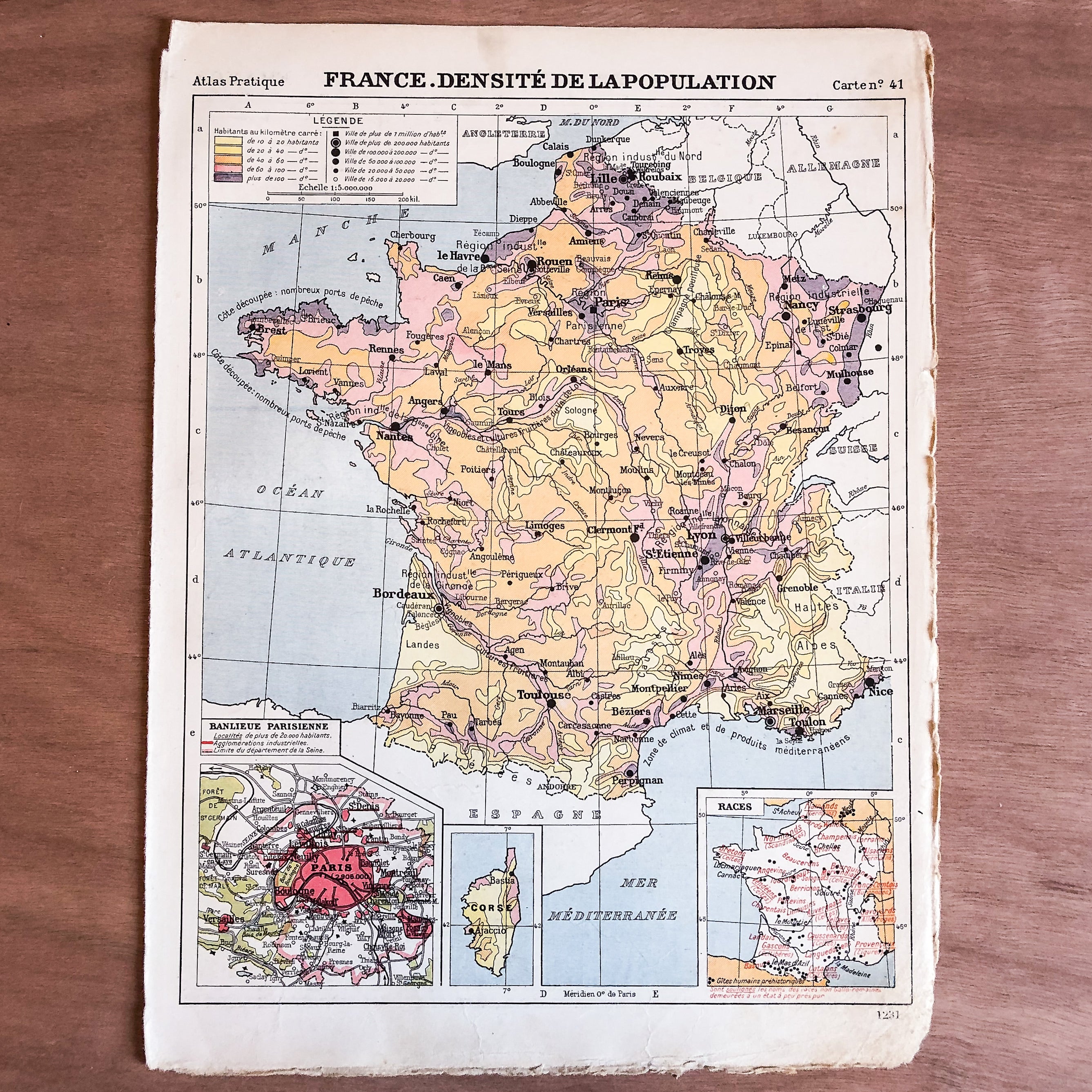 Ancienne carte de France - densité de population - 1929